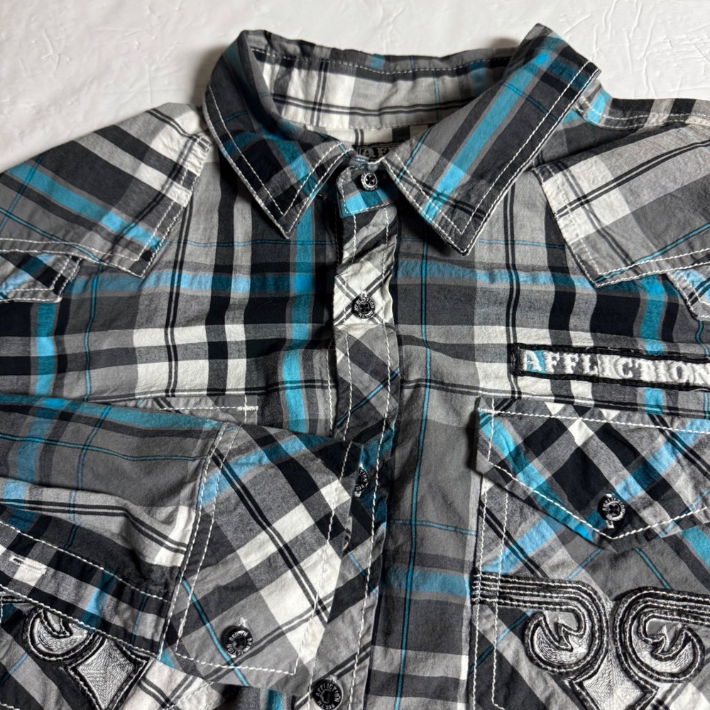 Affliction Black Premium Buckle Mens 2XL Plaid Western Button Down Shirt Blue